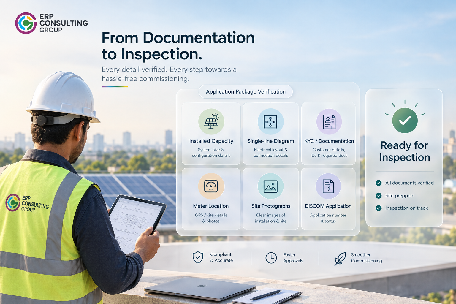 Solar EPC engineer reviewing installed capacity, single-line diagram, KYC documents, meter location, site photographs, and DISCOM application with a “Ready for Inspection” status.