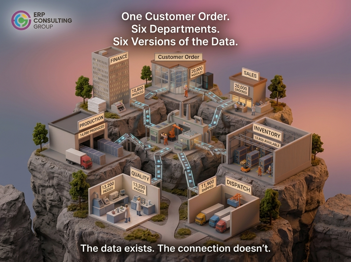 Illustration showing a 20,000-module customer order with different data across sales, production, inventory, quality, dispatch, and finance, highlighting disconnected solar manufacturing processes.