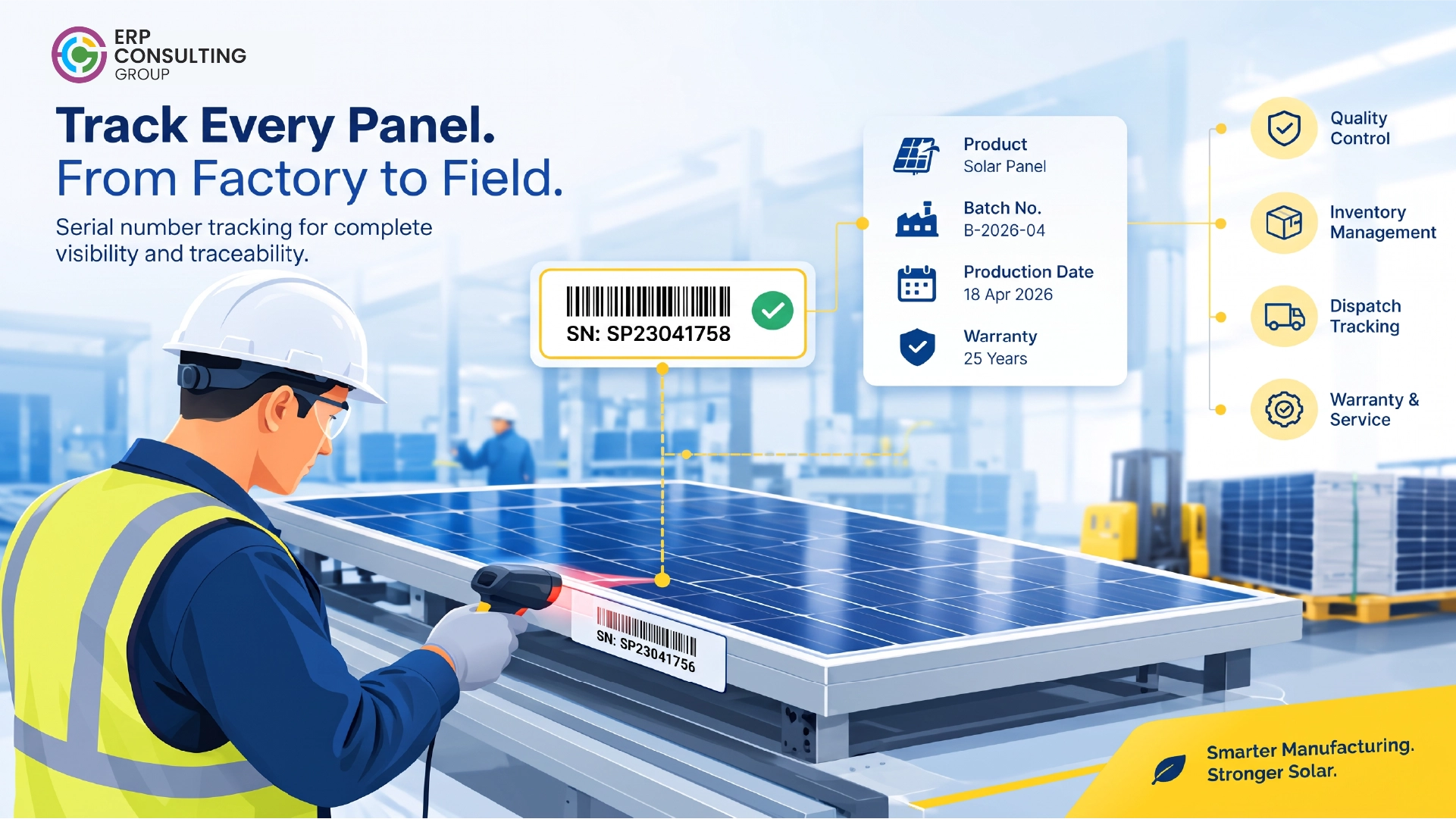 Illustration of serial-number tracking in solar panel manufacturing, connecting individual panels with production details, quality control, inventory management, dispatch, and warranty service. Illustration of serial-number tracking in solar panel manufacturing, connecting individual panels with production details, quality control, inventory management, dispatch, and warranty service.