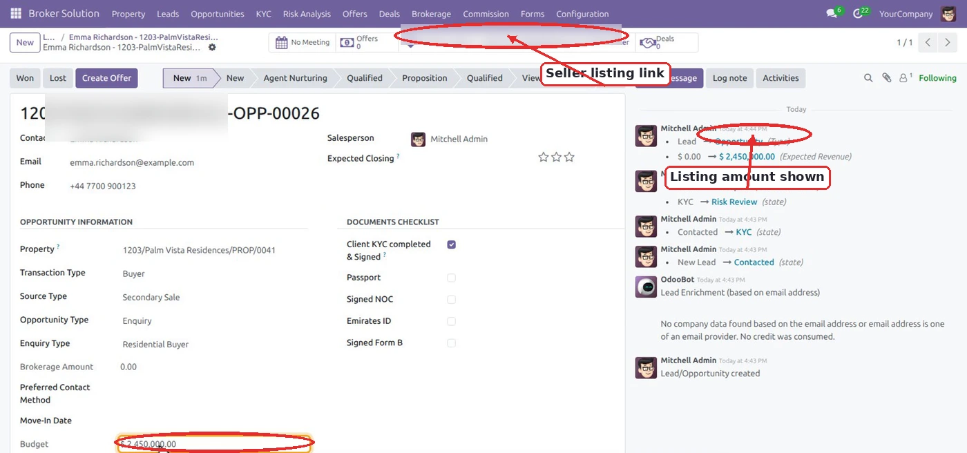 Linked Buyer and Seller Property Records in a Real Estate CRM Real estate CRM opportunity record highlighting the linked property listing, expected deal amount and buyer budget.